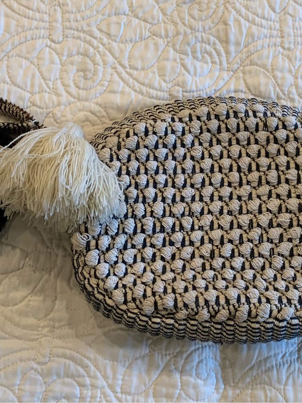 Handwoven Cream and Black Decorative Accent Pillow with Tassel